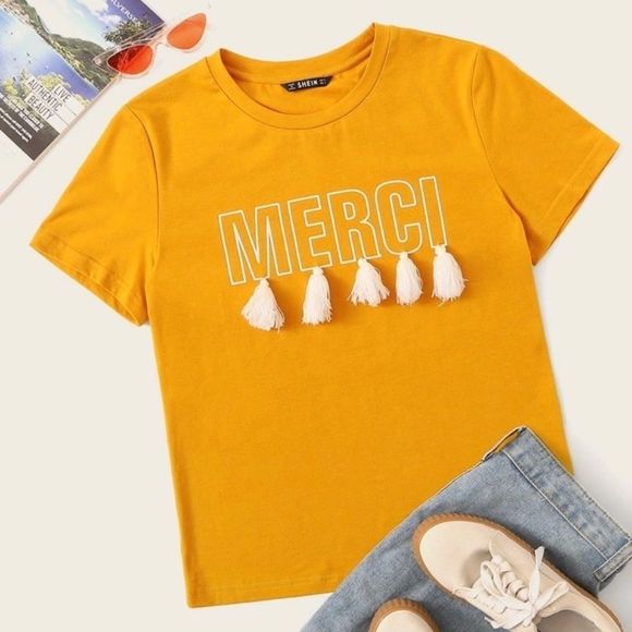 NWOT Shein mustard yellow graphic tassel t-shirt - Picture 1 of 7